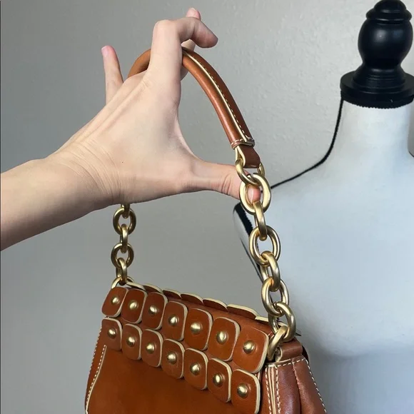 Maxx New York Leather cognac brown Gold chain Studded Shoulder Bag - Picture 7 of 17